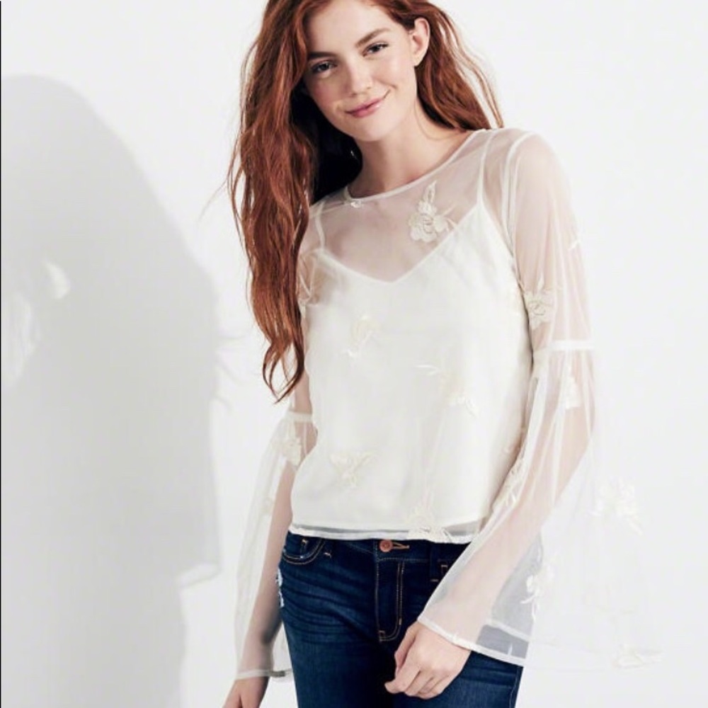 Embroidered mesh top w/bell sleeves